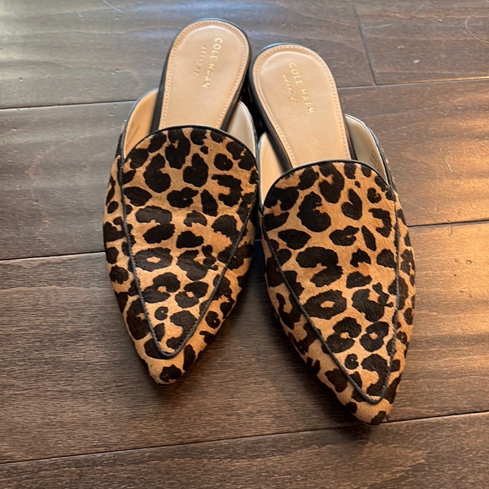 Cole Haan calf hair leopard mules size 8. Excellent condition.